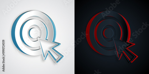 Paper cut Target with arrow icon isolated on grey and black background. Dart board sign. Archery board icon. Dartboard sign. Business goal concept. Paper art style. Vector