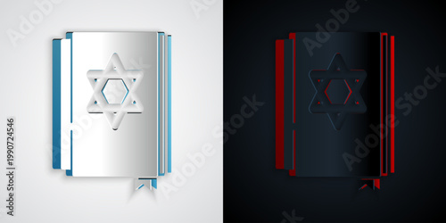 Paper cut Jewish torah book icon isolated on grey and black background. Pentateuch of Moses. On the cover of the Bible is the image of the Star of David. Paper art style. Vector