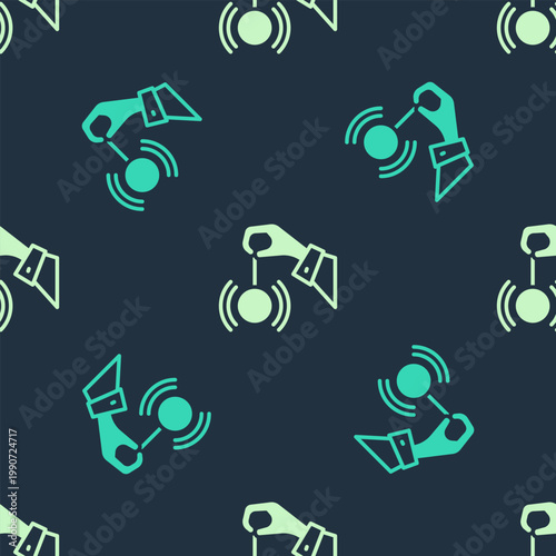 Green and beige Hypnosis icon isolated seamless pattern on blue background. Human eye with spiral hypnotic iris. Vector