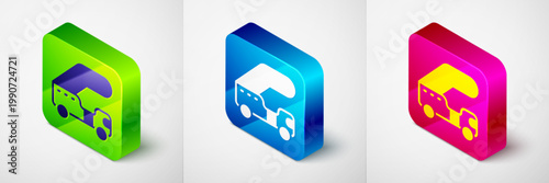 Isometric Passenger ladder for plane boarding icon isolated on grey background. Airport stair travel. Square button. Vector