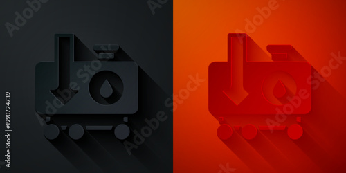 Paper cut Drop in crude oil price icon isolated on black and red background. Oil industry crisis concept. Paper art style. Vector