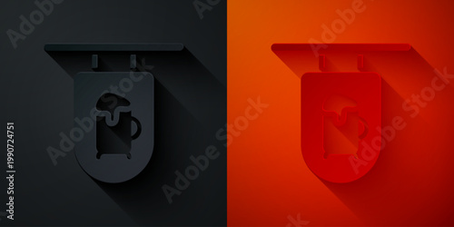 Paper cut Street signboard with inscription Bar icon isolated on black and red background. Suitable for advertisements bar, cafe, restaurant. Paper art style. Vector