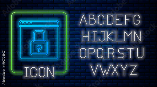 Glowing neon Secure your site with HTTPS, SSL icon isolated on brick wall background. Internet communication protocol. Neon light alphabet. Vector