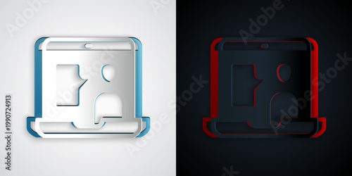 Paper cut E-learning of different foreign languages icon isolated on grey and black background. Paper art style. Vector