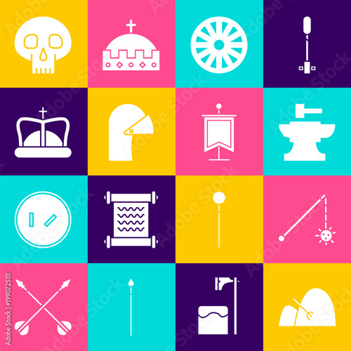 Set Bale of hay and rake, Medieval chained mace ball, Anvil for blacksmithing hammer, Old wooden wheel, iron helmet, King crown, Skull and flag icon. Vector