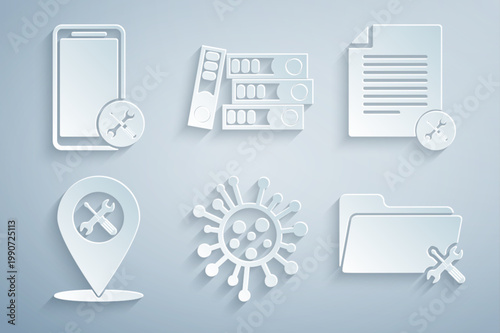Set Bacteria, File document service, Location, Folder, Office folders and Mobile icon. Vector