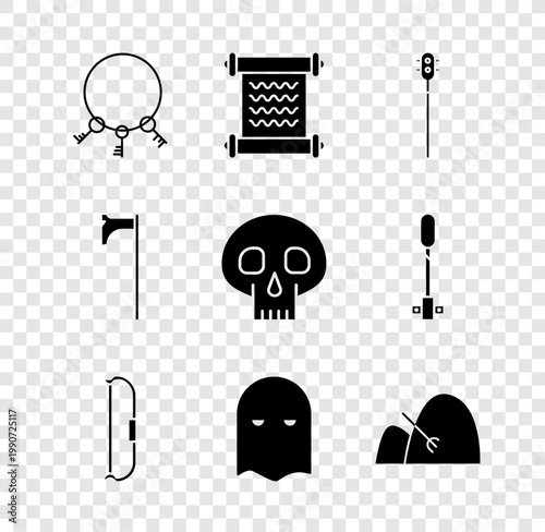 Set Old keys, Decree, parchment, scroll, Medieval chained mace ball, bow, Executioner mask, Bale of hay and rake, axe and Skull icon. Vector