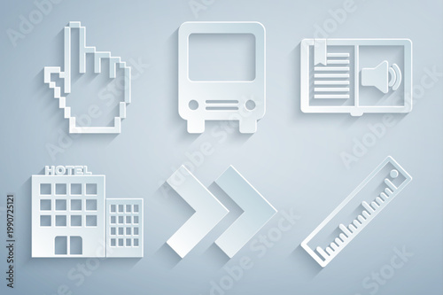 Set Arrow, Audio book, Hotel building, Ruler, Bus and Pixel hand cursor icon. Vector