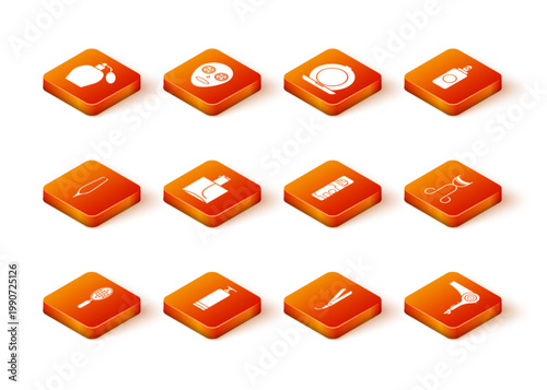 Set Hairbrush, Cream cosmetic tube, Eyebrow tweezers, Perfume, Curling iron, Shaving gel foam, dryer and Eyelash curler icon. Vector