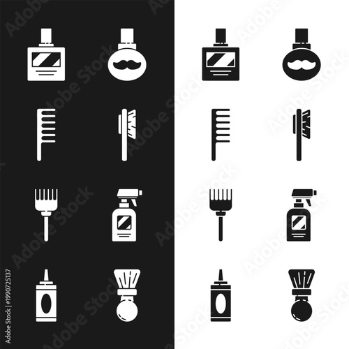 Set Hairbrush, Aftershave, Beard and mustaches care oil bottle, Hairdresser pistol spray, Shaving and Bottle of shampoo icon. Vector