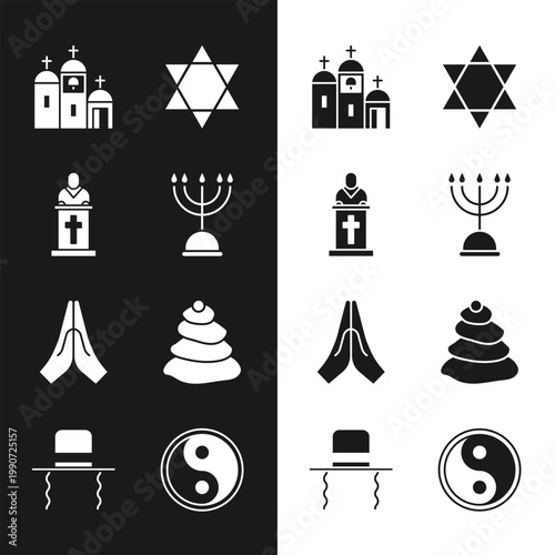 Set Hanukkah menorah, Church pastor preaching, building, Star of David, Hands praying position, Stack hot stones, Yin Yang and Orthodox jewish hat with sidelocks icon. Vector
