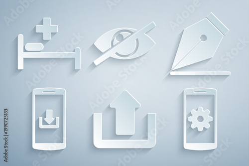 Set Upload, Fountain pen nib, Smartphone with download, Setting smartphone, Invisible or hide and Hospital bed icon. Vector