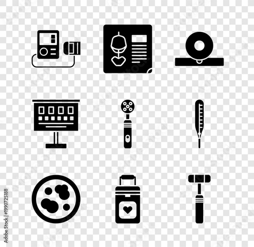 Set Blood pressure, X-ray shots, Otolaryngological head reflector, Petri dish with bacteria, Organ container, Neurology reflex hammer, Eye test chart and Electric toothbrush icon. Vector