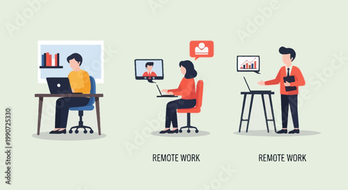 Remote Work: People working from home, video calls, and presentations