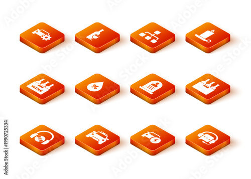 Set Headphones and CD or DVD, Police car flasher, Bottles of wine in box, Water drop percentage, Electric and Tombstone with RIP written icon. Vector