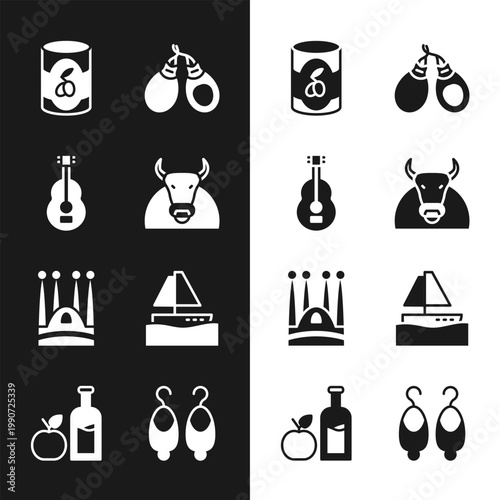 Set Bull, Spanish guitar, Olives in can, Castanets, Sagrada Familia, Yacht sailboat, Earrings and Apple cider bottle icon. Vector
