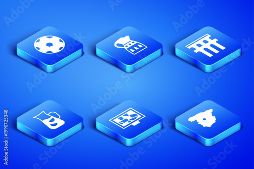 Set Map of Spain, Football ball, Picture art, Sangria, pitcher and Aqueduct Segovia icon. Vector