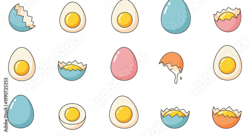 Collection of Cute Cartoon Eggs, Boiled and Cracked, Easter and Food Icons