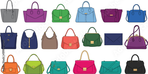 Colorful Handbag and Purse Icon Set Featuring Various Styles in Vibrant Colors for Fashion and Accessories Designs