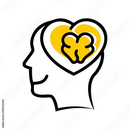 Psychology and love conceptual illustration with heart shaped brain inside head silhouette.