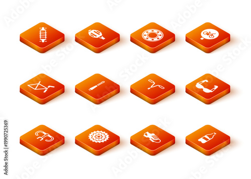 Set Bicycle handlebar, cassette, frame, Screwdriver, shoes, Sport bottle with water and cycling sunglasses icon. Vector