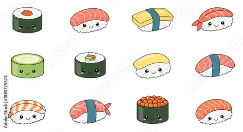 Cute Kawaii Sushi Set - Japanese Food Illustration