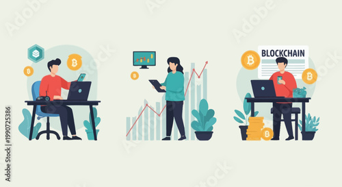 Cryptocurrency and Blockchain Technology Concepts with People Working