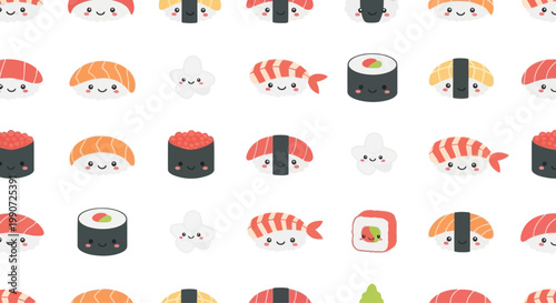Cute Kawaii Sushi Seamless Pattern, Japanese Food Background, Cartoon Characters