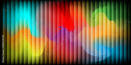 Vibrant multicolored abstract shapes move behind vertical blinds indoors.