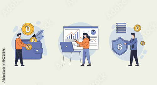 Cryptocurrency security and investment illustration with bitcoin, wallet, charts and shield