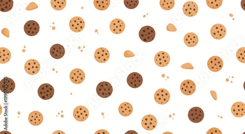 Seamless Pattern of Chocolate Chip Cookies and Crumbles on White Background