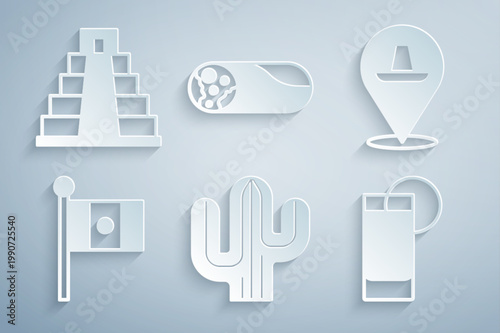 Set Cactus, Mexican sombrero, Mexico flag, Tequila glass with lemon, Burrito and Chichen Itza in Mayan icon. Vector