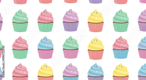 Seamless Pattern of Colorful Cupcakes with Swirl Frosting on White Background