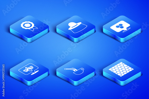 Set Honeycomb, medal, dipper stick with honey, Bee, Beekeeper protect hat and bee location icon. Vector