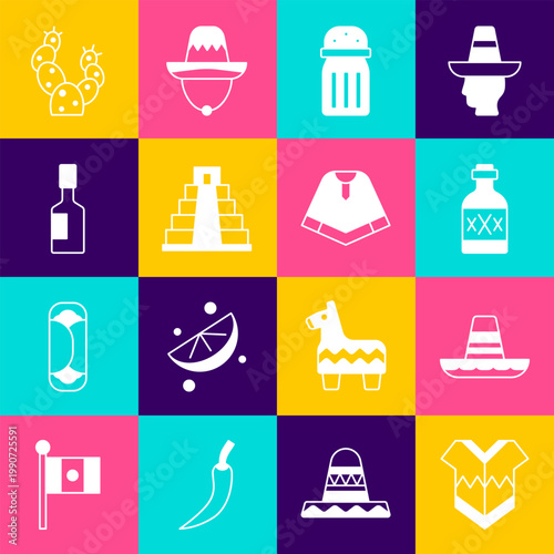 Set Poncho, Mexican sombrero, Tequila bottle, Salt, Chichen Itza in Mayan, Tabasco sauce, Cactus and icon. Vector