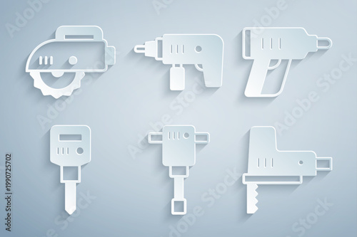 Set Construction jackhammer, Electric cordless screwdriver, jigsaw, drill machine and circular icon. Vector
