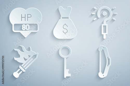 Set Old key, Magic wand, Sword for game, Medieval bow, money bag and Video bar icon. Vector