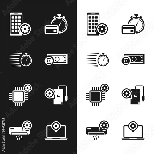 Set Fast payments, Stopwatch, Mobile Apps setting, , Processor and Power bank icon. Vector
