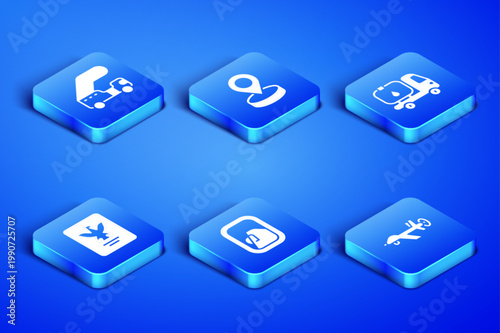 Set UAV Drone, Passenger ladder, Airplane window, Passport, Location and Fuel tanker truck icon. Vector