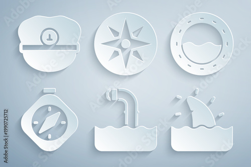 Set Periscope, Ship porthole, Compass, Shark fin in ocean wave, Wind rose and Captain hat icon. Vector