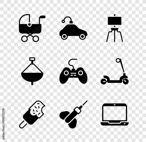 Set Baby stroller, Radio controlled car toy, Wood easel, Ice cream, Dart arrow, Laptop, Whirligig and Gamepad icon. Vector
