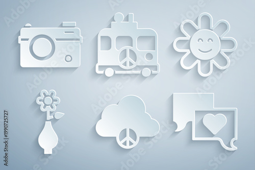 Set Peace cloud, Flower, in vase, Speech bubble chat, Hippie camper van and Photo camera icon. Vector