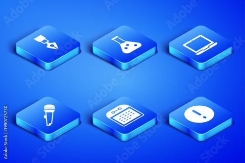 Set Speech bubble and Exclamation, Fountain pen nib, Calendar, Microphone, Test tube and Laptop icon. Vector