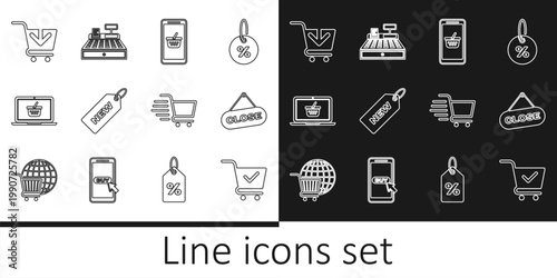 Set line Shopping cart with check mark, Hanging sign Close, Mobile and shopping basket, Price tag New, on laptop, Add, and Cash register machine icon. Vector