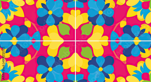 Brightly colored, simplified flowers and leaves in a symmetrical pattern