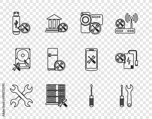 Set line Crossed wrenchs, Screwdriver and, Video camera service, Database server, USB flash, Refrigerator, and Power bank icon. Vector
