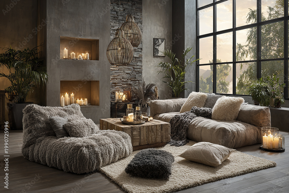 Fototapeta premium Cozy living room with plush textiles, soft cushions, warm candlelight, and natural decor creating luxurious hygge atmosphere with large windows and comfortable seating