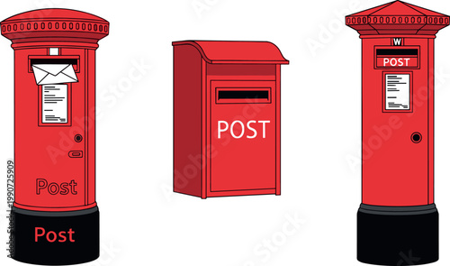 Bild auf Leinwand Red Post Box Vector Set with Vintage Mailboxes and Postal Service Icons