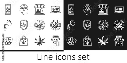 Set line Marijuana and cannabis store, Stop marijuana, Shield, Watering, Online buying, and Head profile with icon. Vector