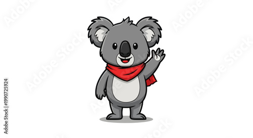 Photography Cute cartoon koala waving hello with red scarf, isolated on white background